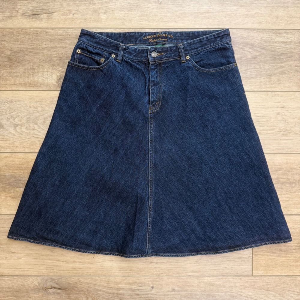 Vintage Ralph Lauren Jeans Co Dark Wash Denim‎ A-Line Midi Skirt Cottagecore 12